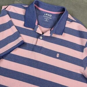 Izod Mens Polo Shirt 2XL Blue Pink Striped Advantage Performance Natural Stretch